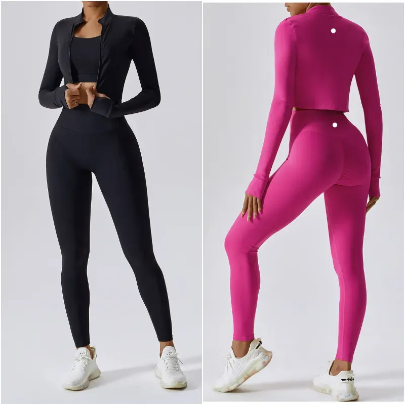 8047 Womens Yoga Outfit Three Pieces Vest+Pants+Jackets Suits Exercise Close-Fitting Fitness Wear Running Elastic Adult Workout Sportswear Elastic Trouser Tops