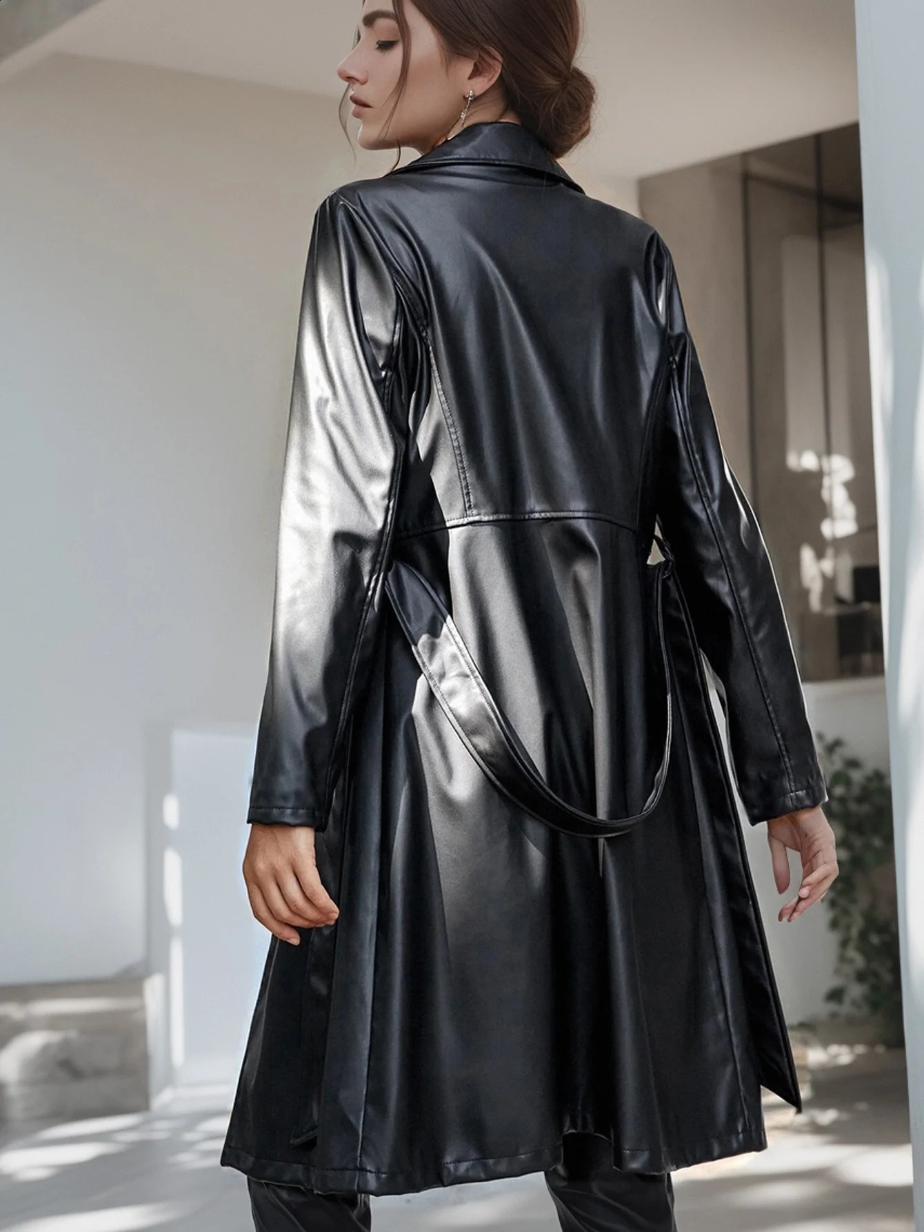 Vangull Solid Mid Length PU Leather Jacket Casual Lapel Long Sleeve Outerwear Womens Clothing 240813