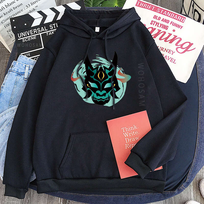 Impact Genshin Xiao Mask Fangs Hoodies Printing Women Men Unisex Haruku Cartoon Plus Size Drawstring Winter Sweatshirts