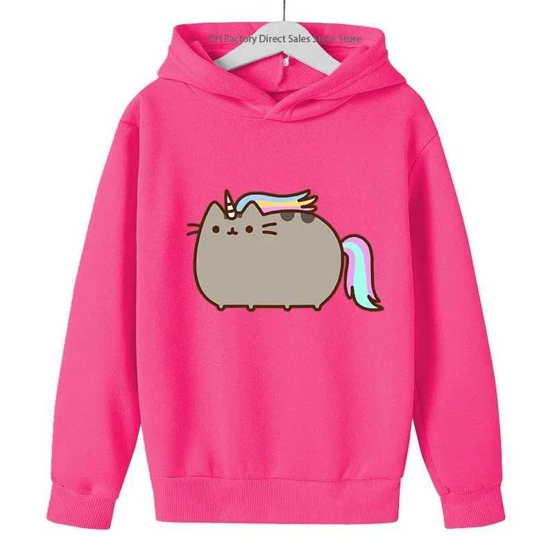Girls Pusheen Cat Cute Print Spring Autumn Long Sleeved Hoodies 2-13 Years Kids Casual Outfits Sports Tops Children Gift ClothesY240814