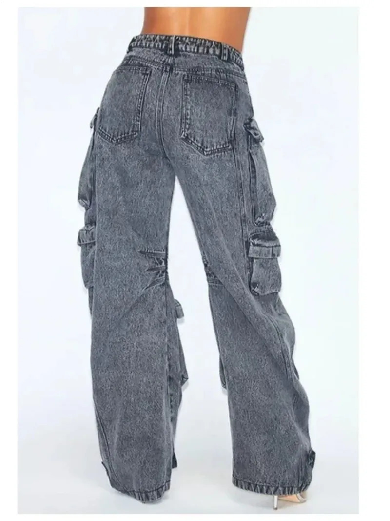 Y2K Multi-Pocket Solid Color Loose Jeans Womens High Street Retro Hip Hop Wide-leg Pants Casual Straight High-Waisted Jeans 240813