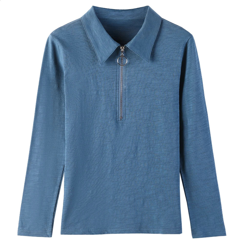 European Station Fashion Long sleeved Polo Neck Pure Cotton T-shirt for Womens Spring Slim Fit Solid Color Bottom Shirt 240827