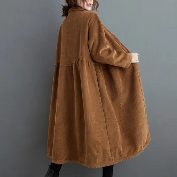 2024 Winter Women Trench Fleece Long-sleeved Loose Corduroy Solid Color Vintage Fashion Casual Women Long Warm Coat YoYiKamomo 240813