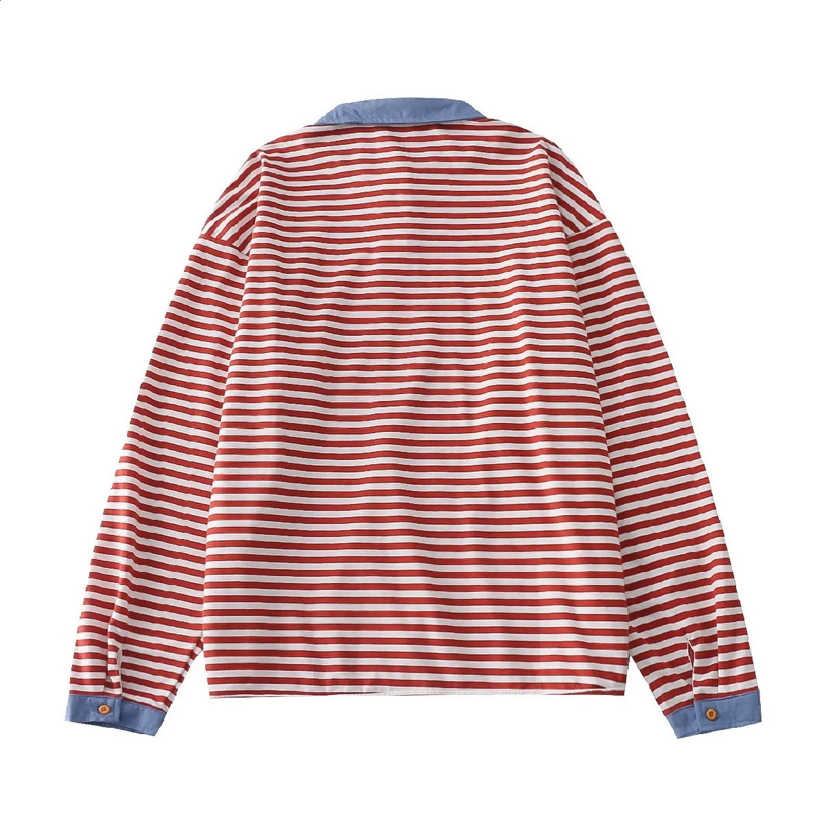 Casual loose womens loose T-shirt spring item womens polo shirt red striped T-shirt lapel cotton top long sleeved shirt 240827