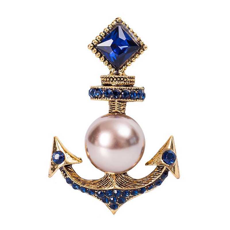 Pins Brooches EASYA Classic Vintage Sailboat Anchor Shaped Brooch Inlaid Rhinestone Crystal Pearl Elegant Woman Chest Decoration Jewelry Q240622