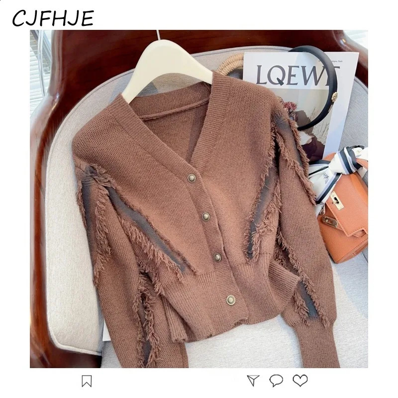 CJFHJE V-Neck Metal Button Knitted Women Fashion Tassel Bottom Cardigan Sweater Coat Casual Solid Color Womens Sweater 240813