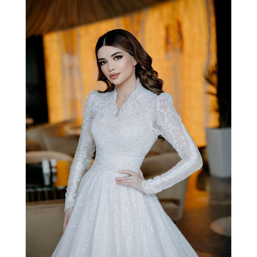 Dresses Beading Wedding Sequins V Neck Long Sleeves Lace A E Bridal Gowns Custom Made Sweep Train Robe De Mariee 6660307