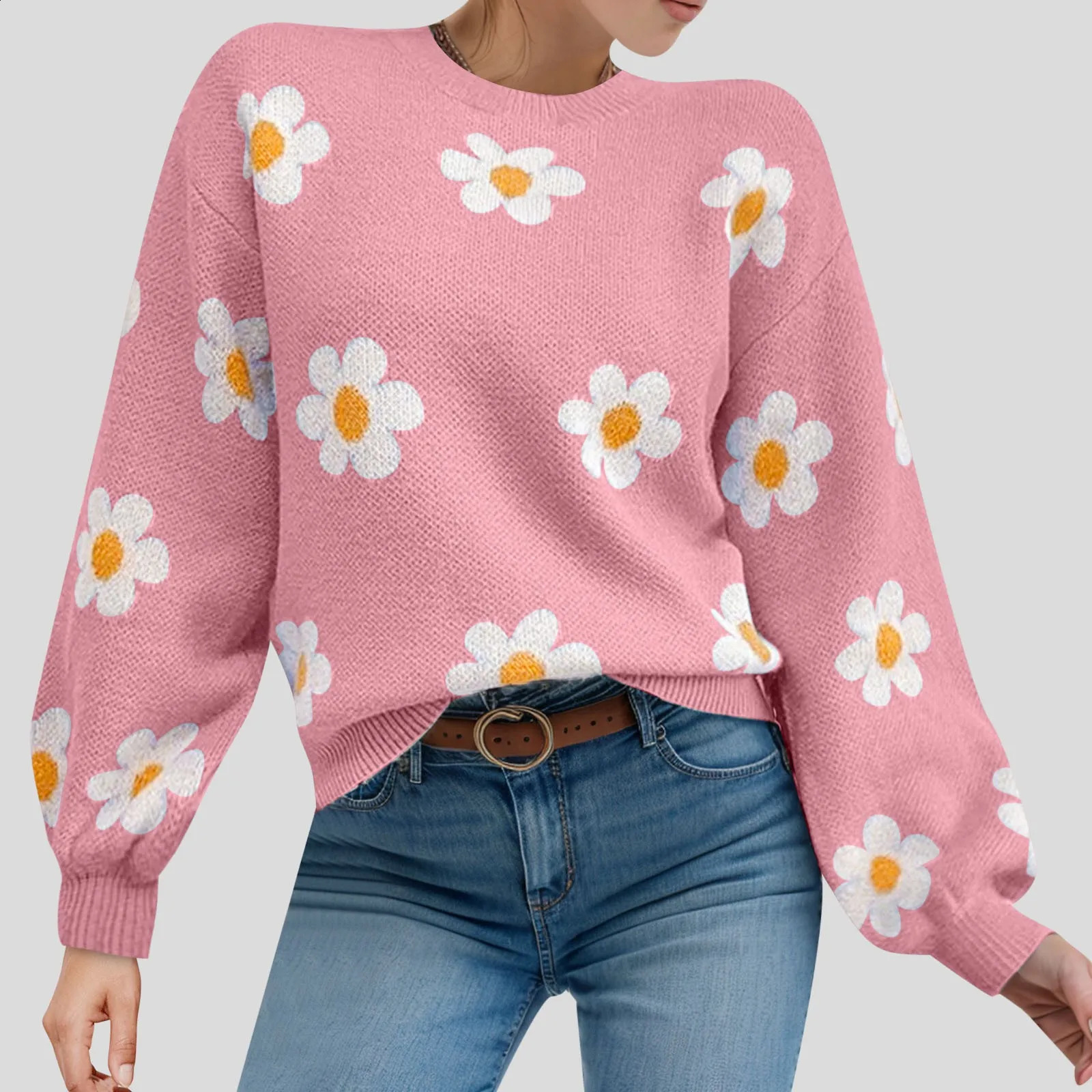 2024 Fall Sweater Women Fashion Round Neck Flower Printed Long Sleeve Ribbed Knitted Pullover Top Autumn Winter Outfits 240814