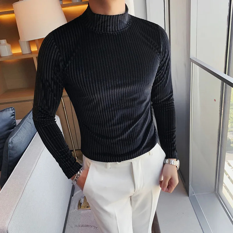Autumn Winter Half Turtleneck Velour Under T Shirt Men Long Sleeve Casual Stripe Slim Fit Tops Tees Men Fashion Social T Shirt 240814