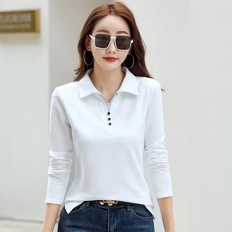 Korean Fashion Autumn Womens Polo Shirt Cotton Long Sleeve T-shirt with Button Solid Candy Color Knitted High Quality Womens Polo 240827