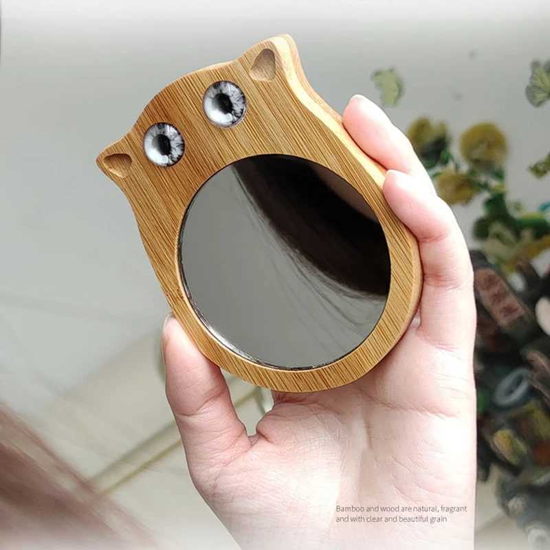 Pure wooden makeup mirror cute round handheld mirror portable pocket makeup mirror suitable for small mirrors in female student dormitories W240813
