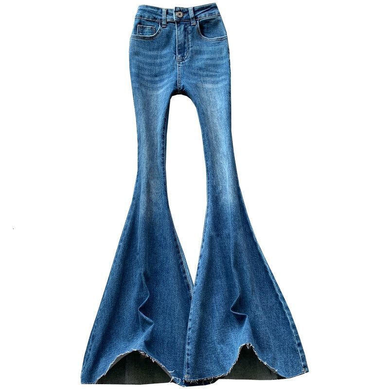 Designer women's blue flared jeans, high waisted sexy girl, slim fit, elastic, raised hips, rough edges, floor hugging, slimming pants