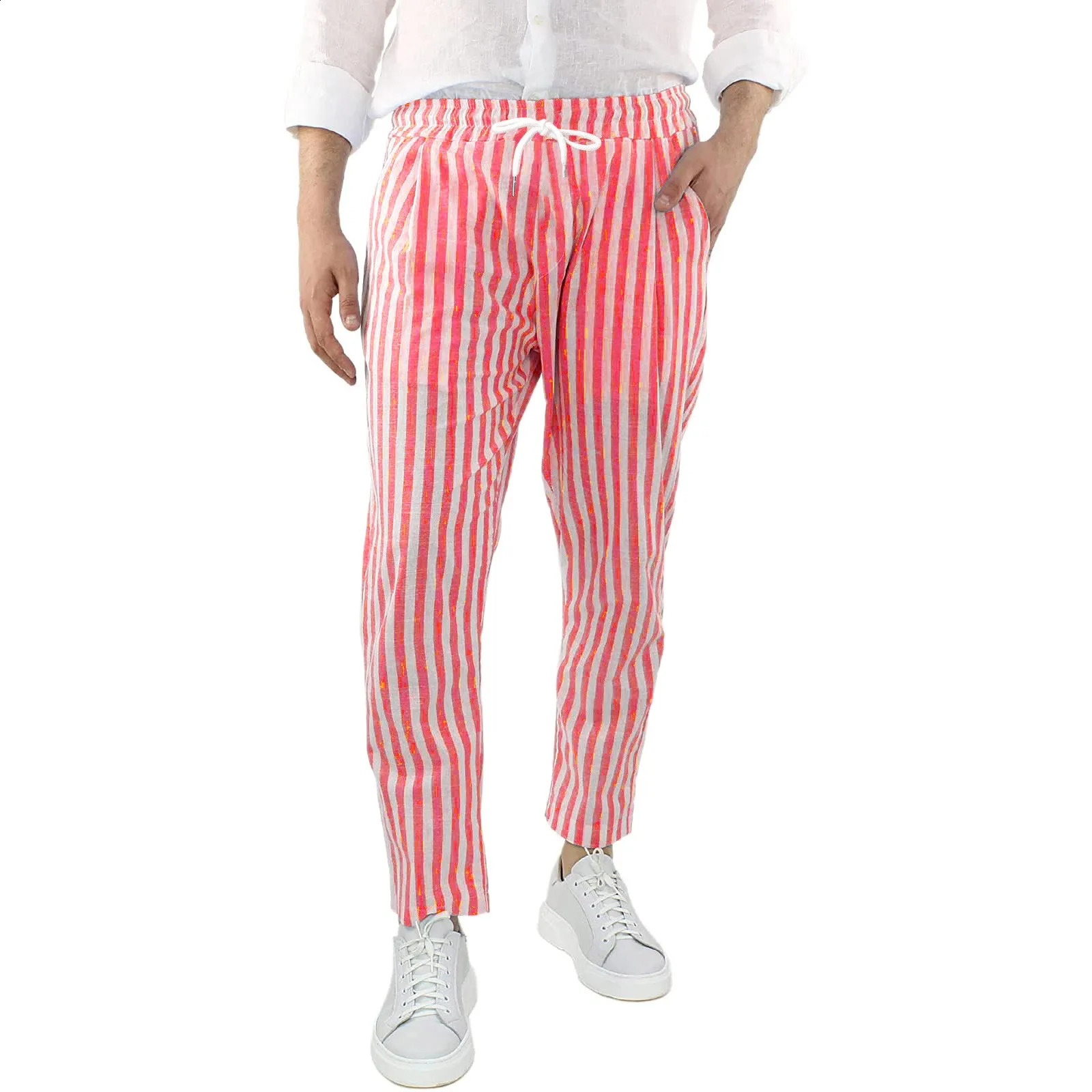 Mens Loose Casual Pants Breathable Waist Striped Cotton And Linen Trousers Comfy Daily Simple Pants Ropa Hombre 240813