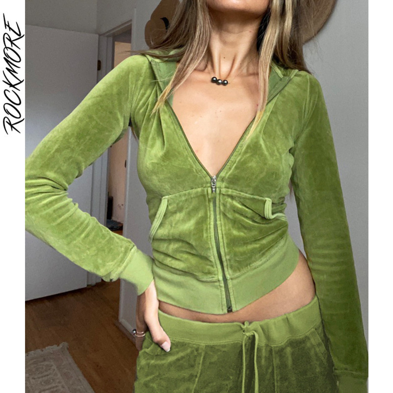 Rockmore Velvet Hooded Jacket WomenS Sweatshirts Harajuku Pockets Zip Up Crop Hoodies Aesthetic Slim Top Autumn Clothes 240813