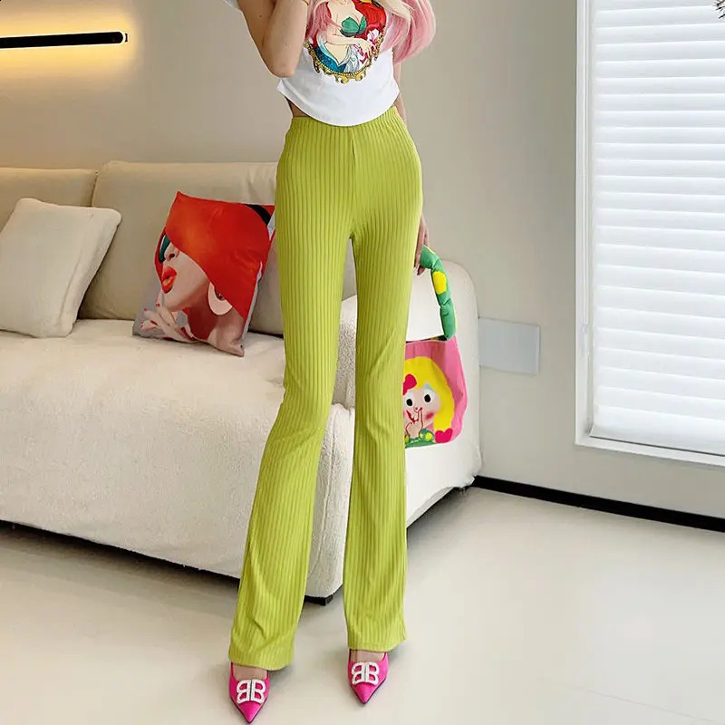Summer Womens 2024 Patchwork High-waisted Screw Thread Fashion Solid Color Minimalist Comfortable Slim Casual Flare Pants 240813