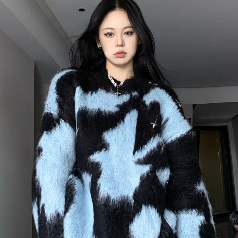Korean Fashion Contrast Color Sweater for Women Autumn Winter Loose Knitted Top Female Casual Long Sleeve Oversized Pullovers 240813