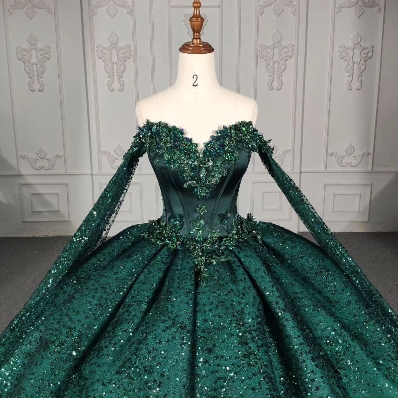 Blackish Green Shiny Off The Shoulder Quinceanera Dress Ball Gown Birthday Party Beaded Tull With Cape Sweet 16 Vestido De 15 Anos