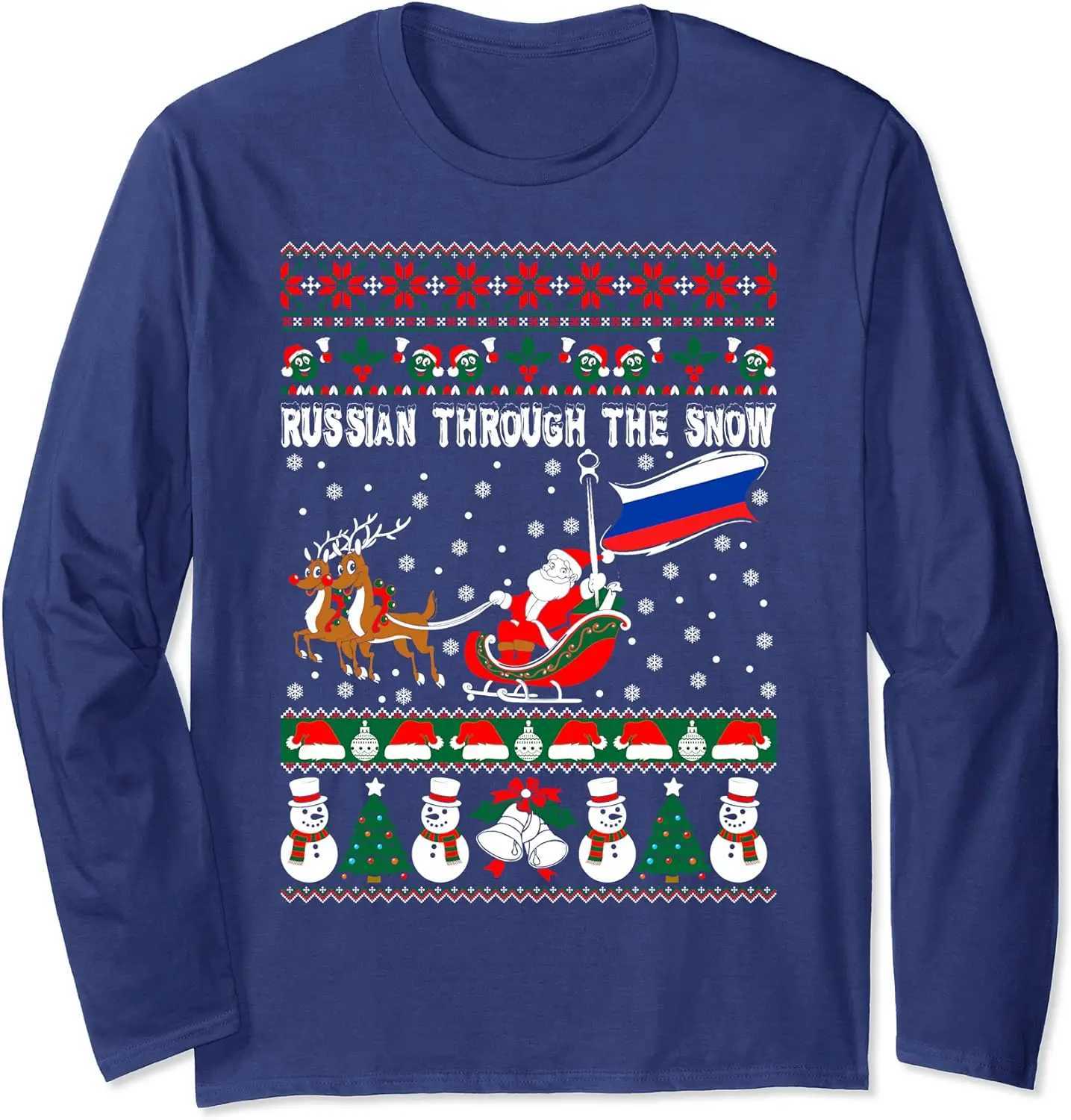 Ugly Christmas Sweater Russian Through The Snow Xmas Gift T-Shirt 100% Cotton O-Neck Long Sleeve Casual Mens T-shirt Size S-3XM240814