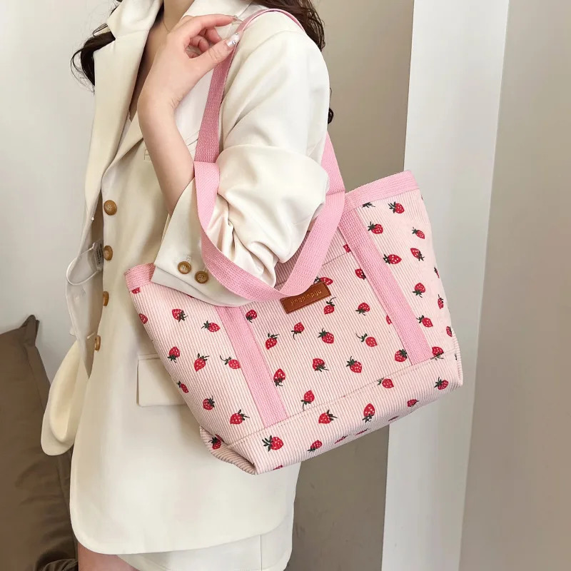 Classic Fresh Corduroy Shoulder Bag Cute Strawberry Printing Student Handbag Literature Large Exquisite 240813
