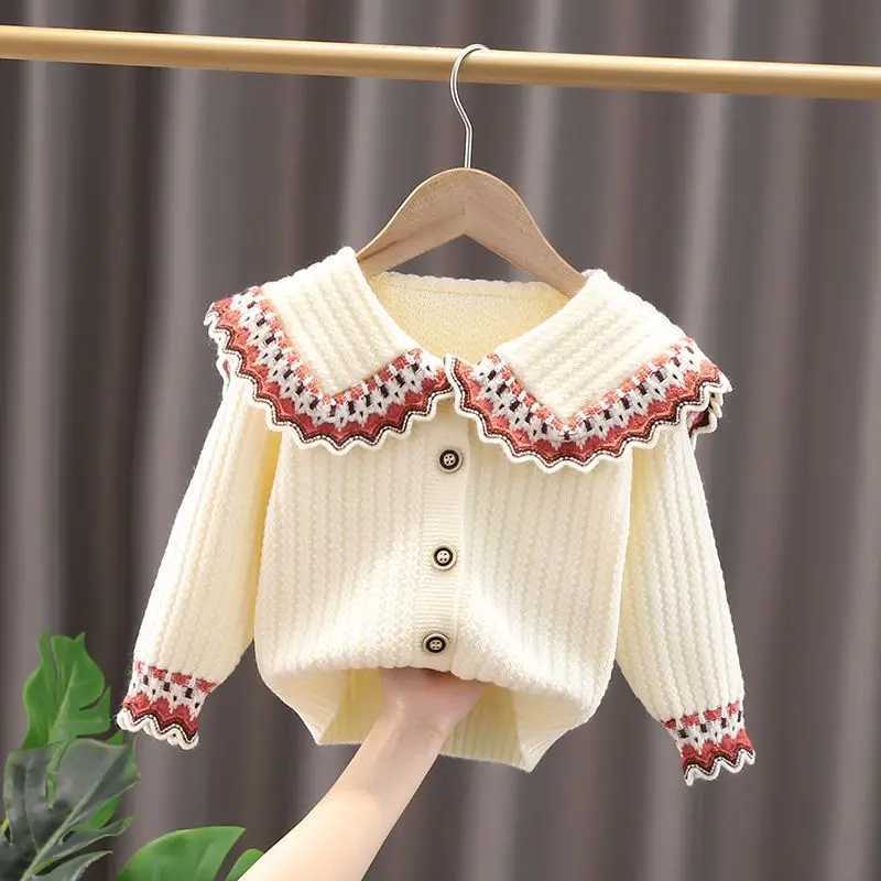 Girls knitted cardigan wool sweater 2023 autumn and winter new childrens clothing childrens sweater doll collar jacket W240813