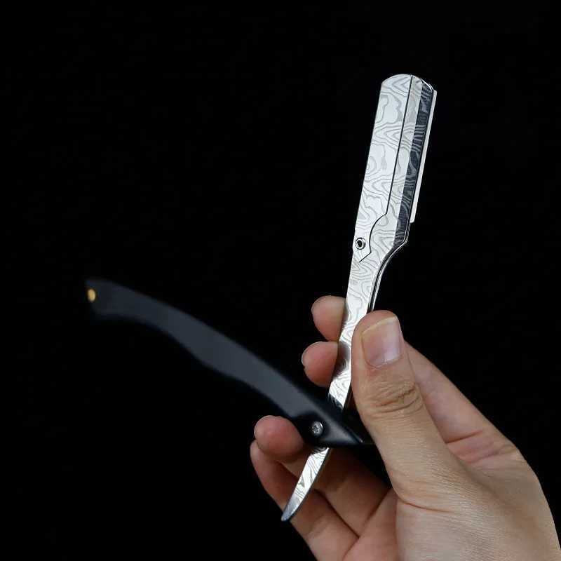 Barber Damascus Pattern Folding Razor Ebony Handle Manual Shaver Straight Edge Stainless Steel Razor Beard Cutter Holder G0104M240814
