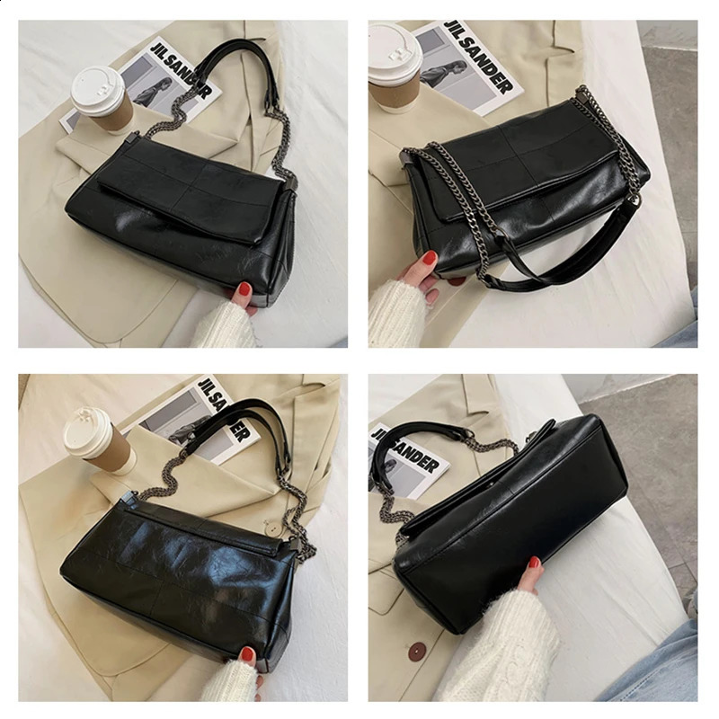 Sewing Thread Vintage Fashion Women Shoulder Bags Metal Chain Strap Crossbody Bag Soft PU Leather Lady Shopper Travelling Bolso 240813