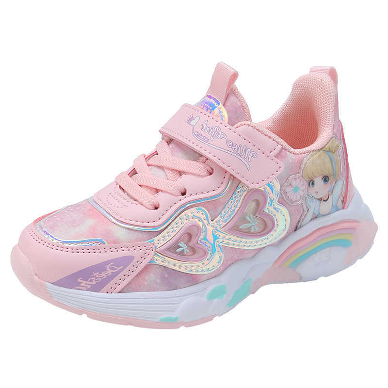 Sneakers Girls sports and leisure childrens leather single shoes 2023 Spring and Autumn Mid to Large Childrens Princess Running Shoes Trend H240805