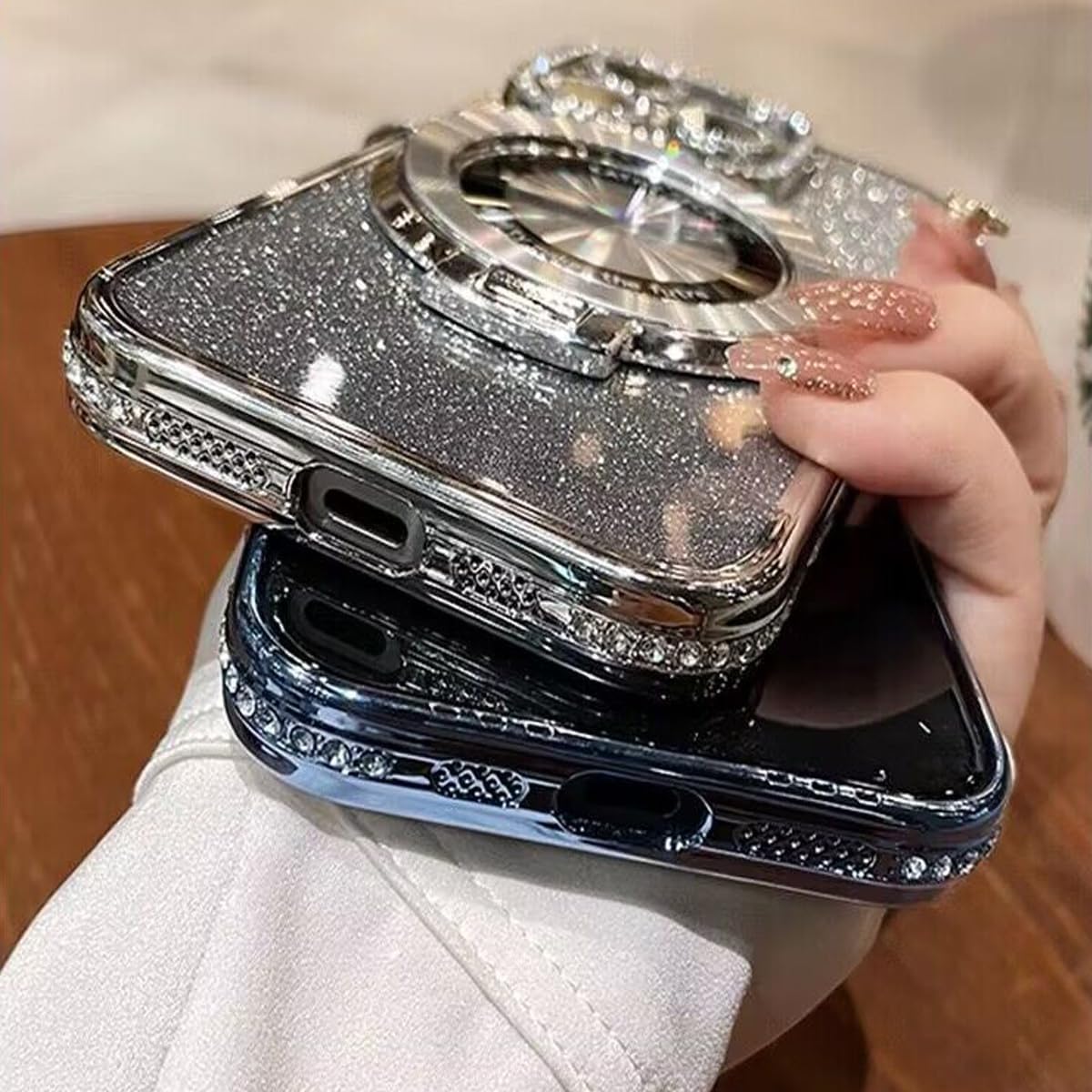 Luxury Diamond Bling Glitter Fold Ring Stand Magnetic For Magsafe Cases Shockproof Cover With Camera Lens Film Protector for iPhone 16 15 14 13 12 11 