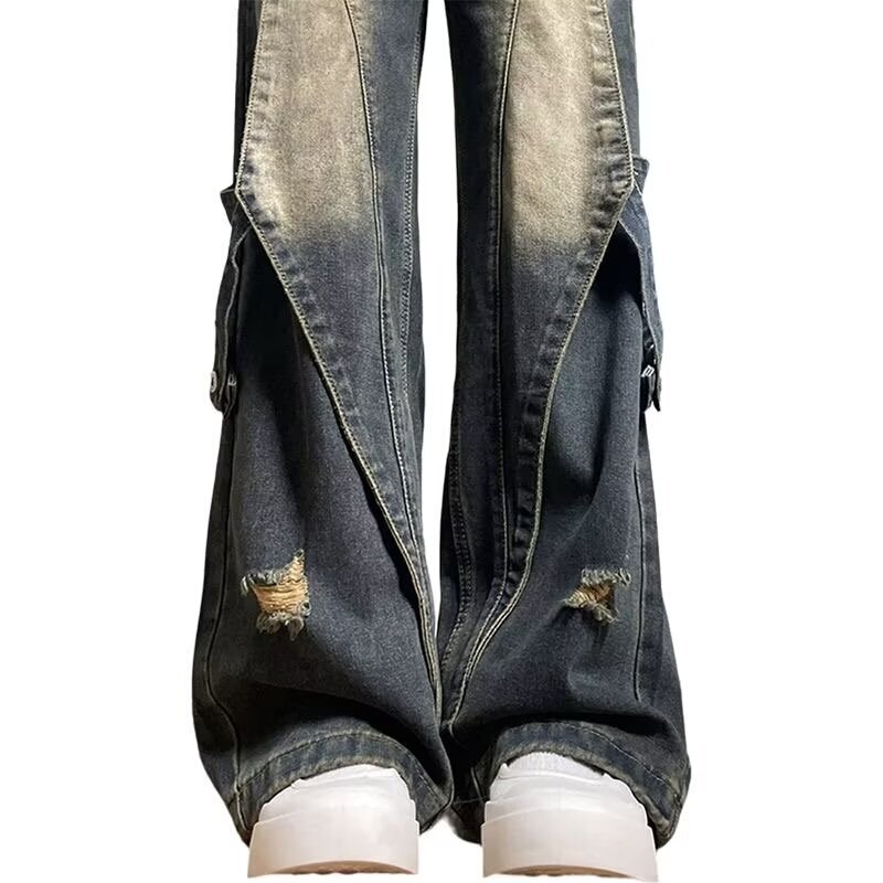 Washed distressed jeans, trendy hip-hop men's niche design, straight leg pants, American high street style