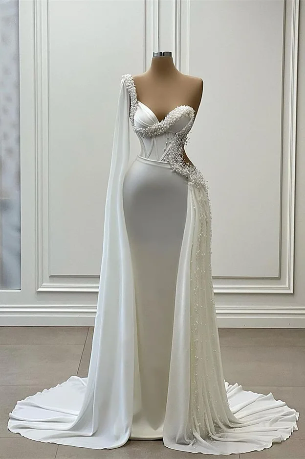 2024 Mermaid Stain Wedding Dresses With Detachable Train One Shoulder Sleeveless Pearls Tiered Skirts Bridal Gowns Vestido Novia Custom made