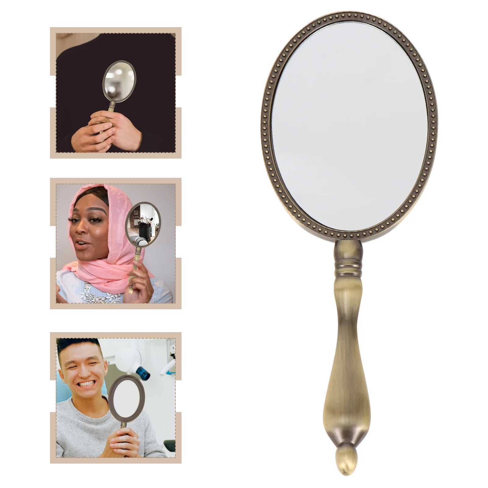 Mirror with handle beauty and makeup mirror women holding travel retro metal wood W240813