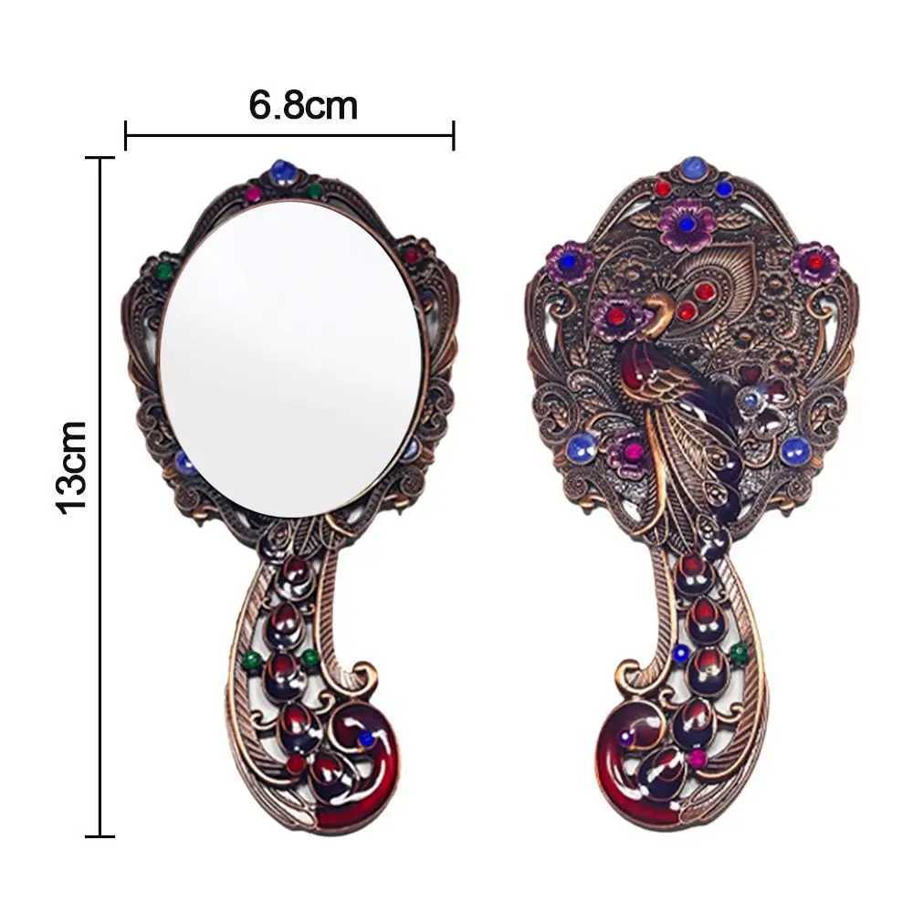 Retro Small Mirror with Metal Handle Retro Peacock Open Screen Makeup Mirror Comb Set Portable Handheld W240813