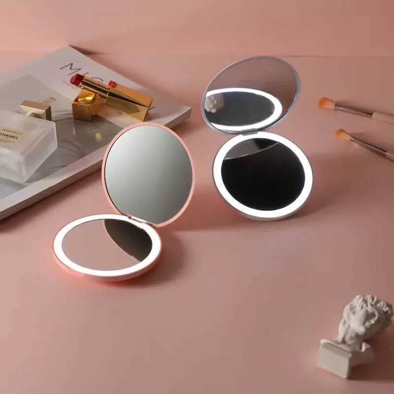 Mini LED light makeup mirror foldable compact mirror with illuminated circle portable USB handheld makeup mirror W240813