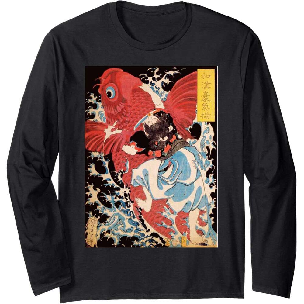 Long Sleeve Shirts for Men sweatshirt Japanese Retro Vintage Artwork Samurai on the Koi Fish Long Sleeve Tee Streetwear Casual tops clothes