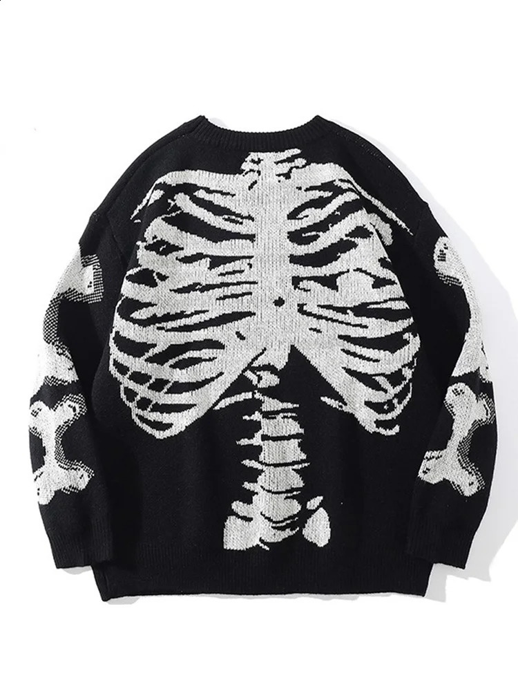 Men Casual Skeleton Print Oversized Sweater Vintage Y2k Style Knitted Loose Pullover Autumn Male High-quality Tops 240821