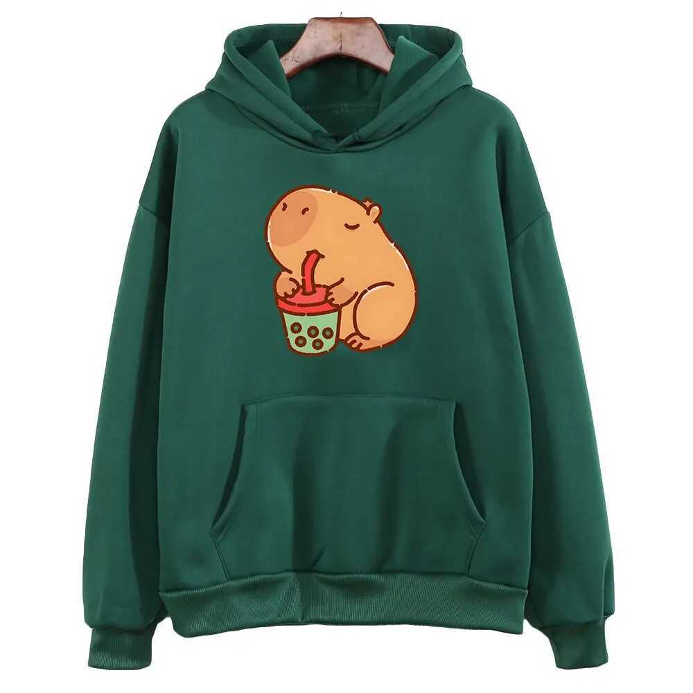 Capybara Drink Bubble Tea Hoodie Kawaii Animal Cartoon Graphic Sweatshirt Kids Clothes Girl Long Sleeve Hooded Boys Top HarajukuY240814