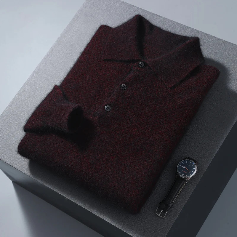 Autumn and winter mens mink cashmere collar solid color wool knitted long sleeved sweater business w240824