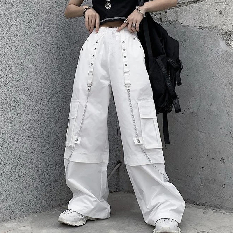 Women Trendy Vintage Casual Streetwear Pocket Cargo Pants Y2K Female High Waist White Hip Hop Loose Trousers Straight Pantalones 240814