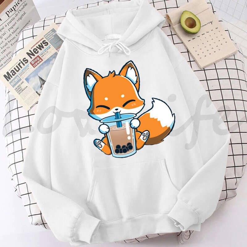 Milk Boba Tea Print Women Hoodies Korean Style Clothes Kawaii Plus Size Sweatshirt Cute Cartoon Fox Graphic Female Streetwear