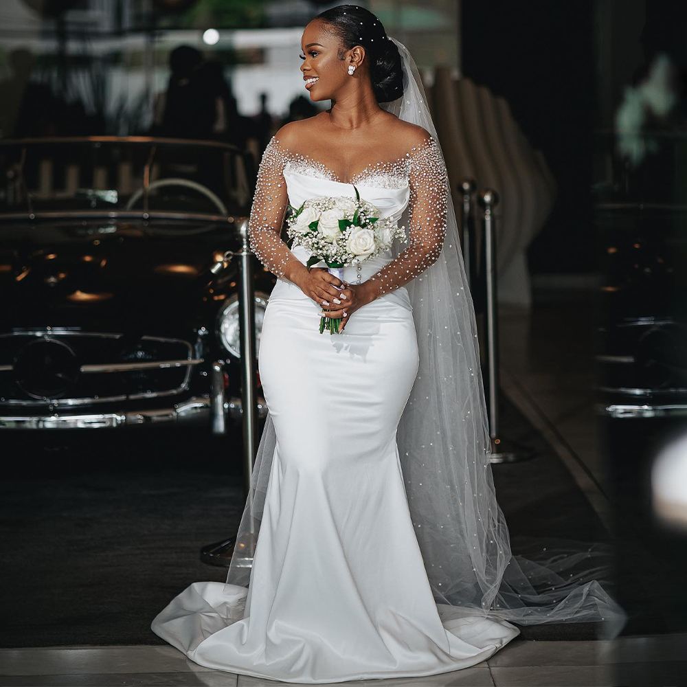 African Luxury Wedding Dress Pearls Long Sleeves White Satin Wedding Gowns for Women 2024 Bride Mermaid Trumpet Bridal Dresses
