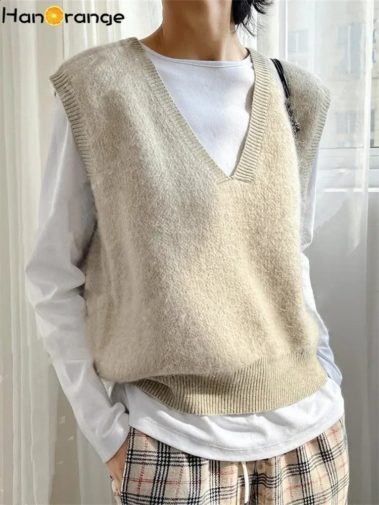 HanOrange 2024 Autumn Winter Simple Soft Mohair V-neck Sweater Women Knitted Vest GreyOat 240813