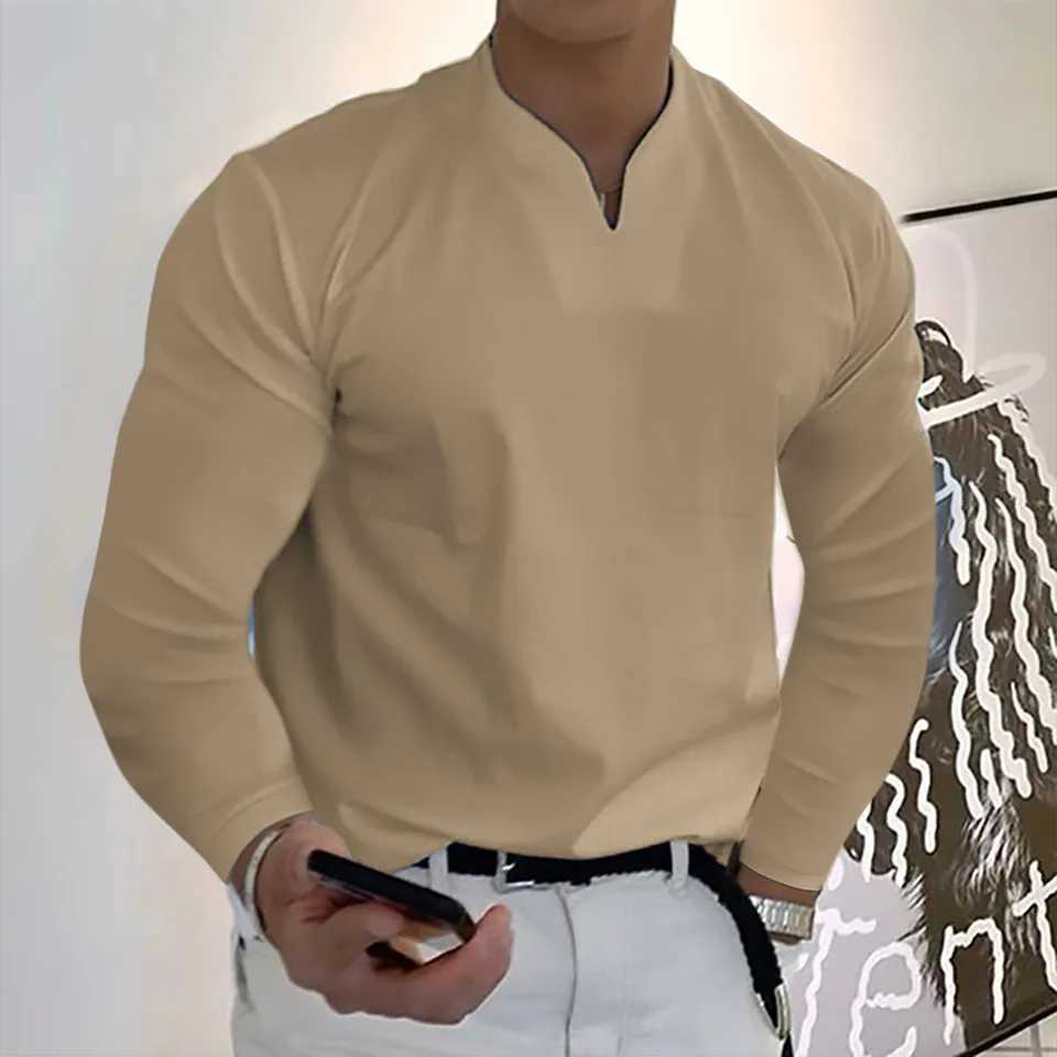 Spring Autumn Mens Long SLeeved Cotton Casual Mens T-shirt V-neck Shirt Male Breathable Pocket Shirts S-5XLM240814