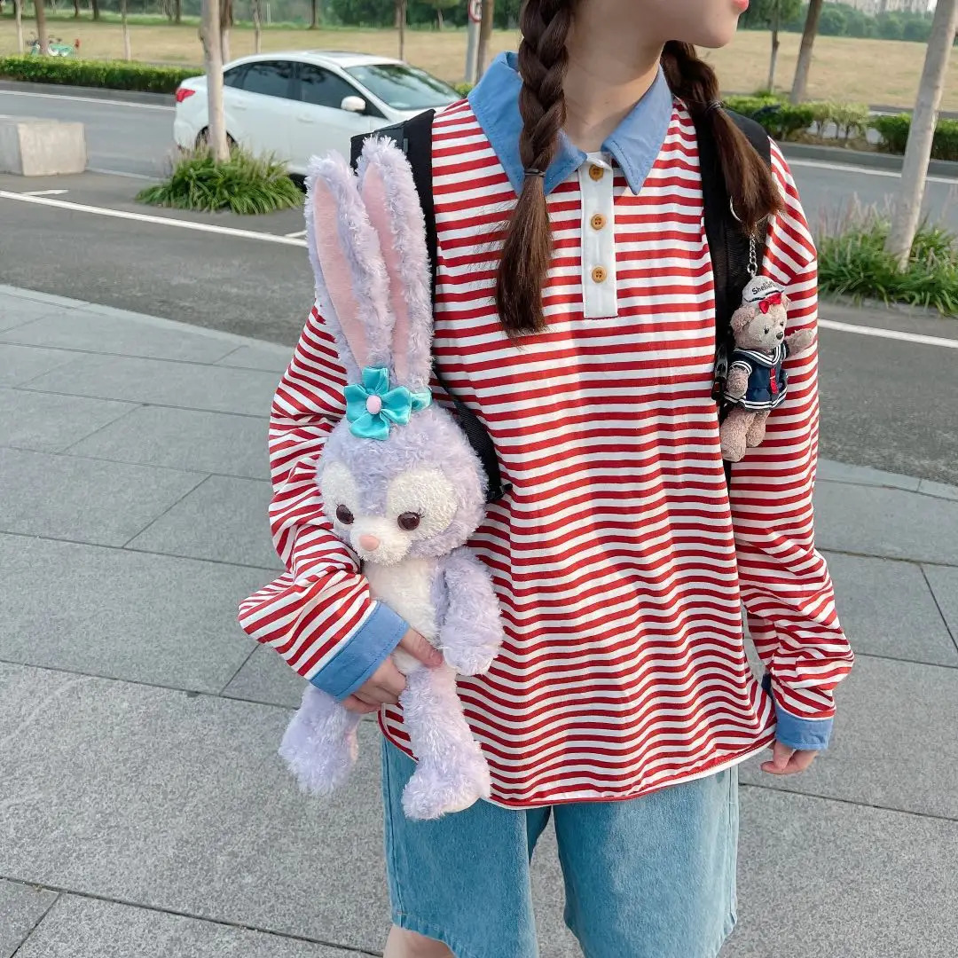 Casual loose womens loose T-shirt spring item womens polo shirt red striped T-shirt lapel cotton top long sleeved shirt 240827