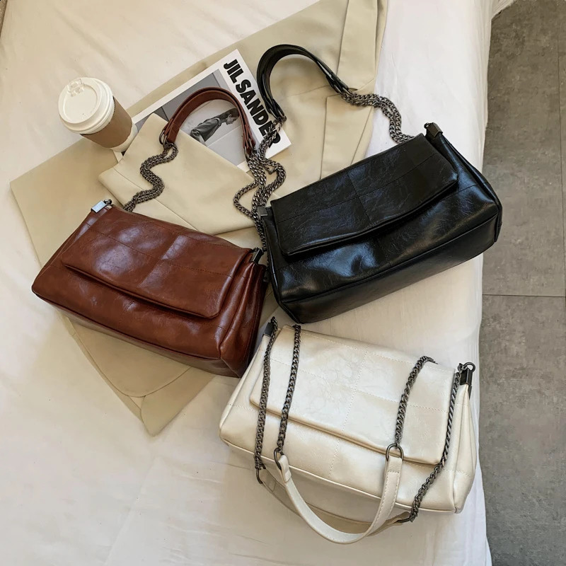 Sewing Thread Vintage Fashion Women Shoulder Bags Metal Chain Strap Crossbody Bag Soft PU Leather Lady Shopper Travelling Bolso 240813
