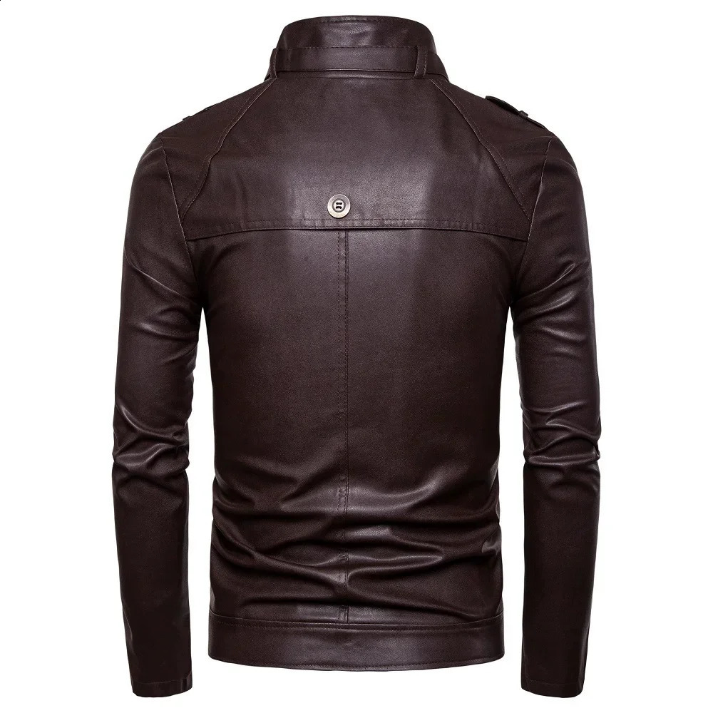 Autumn Mens Casual Fashion Standing Neck Slim Fit PU Leather Jacket Solid Leather Jacket Mens Windproof Motorcycle 240814