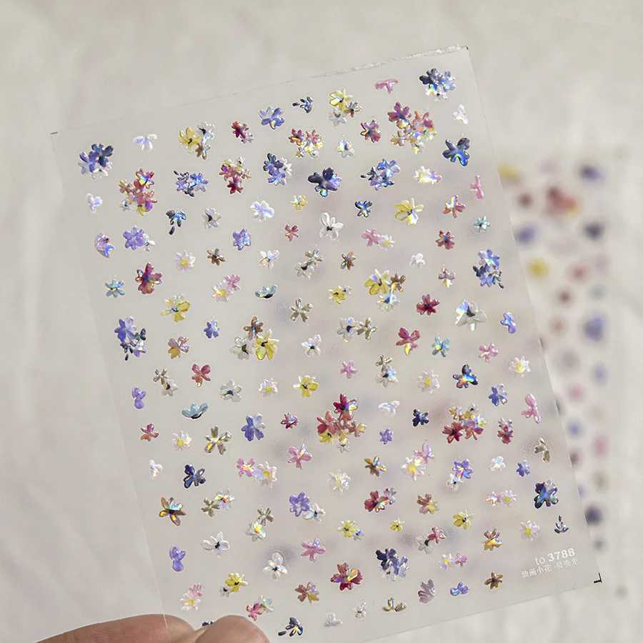 Colorful Sparkling Glass Fragment Spring Wildflowers High Quality Adhesive Flash Nail Stickers Art Decorations Design T-3784XJ240814