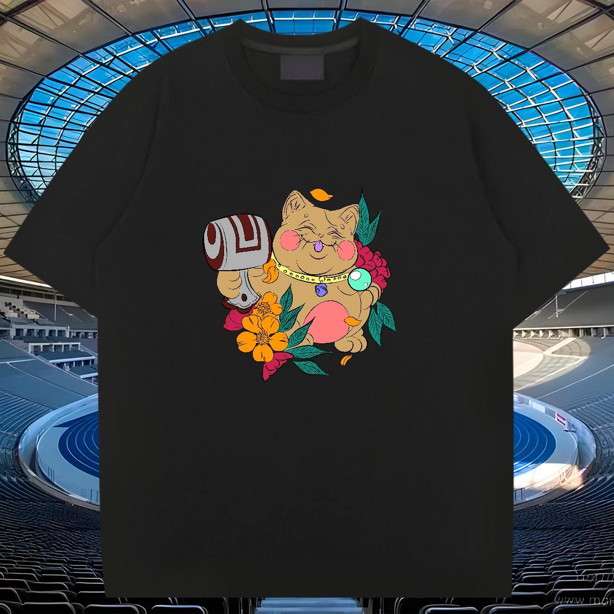 Popular T Shirts Men cat Breathable Short Sleeve Street Anime Print 230g Cotton Tshirts Classic Tees
