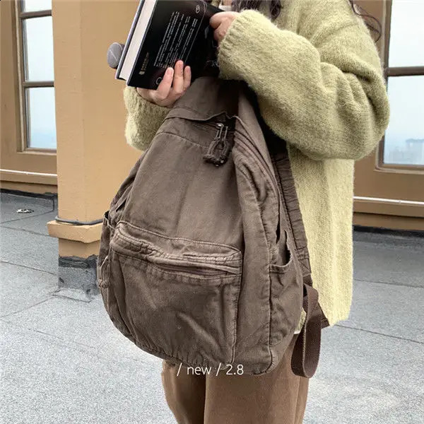 Vintage Backpack for Women Preppy Style Canvas Women Rucksack Zipper Casual Medium-Capacity European-American Style Female Bag 240813