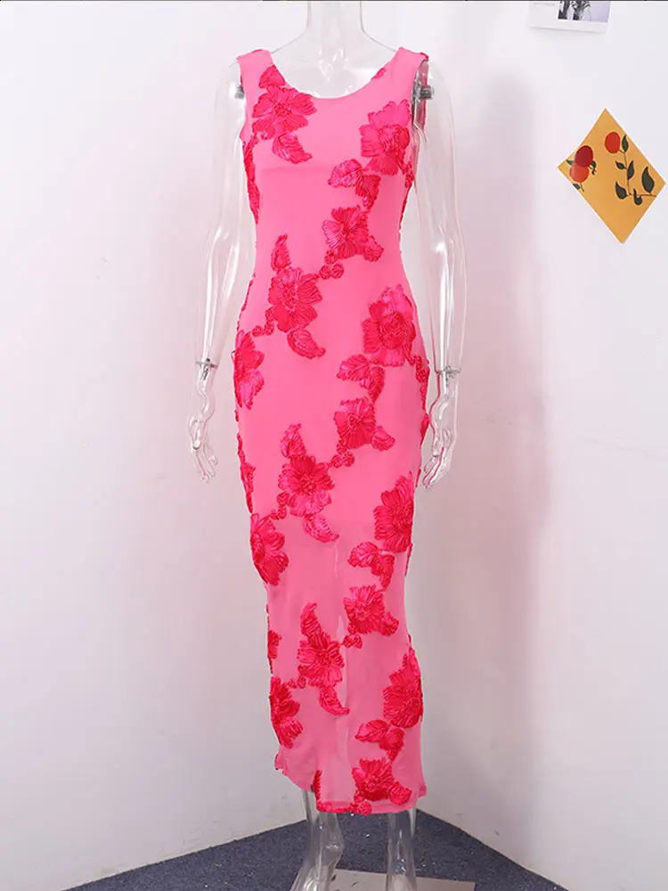 Elegant 3D Flower Long Dress for Women Slim O-neck Sleeveless Backless Hip Package Split Dresses 2024 Summer Mesh Evening Robe 240814
