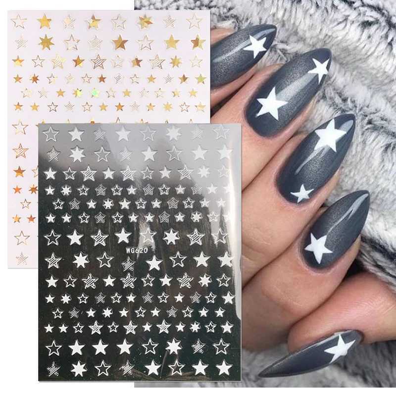 Rose Gold Star 3D Nail Stickers Silver Black White Star Heart Transfer Stickers for Nails DIY Decals Manicures Decoration TipsXJ240814